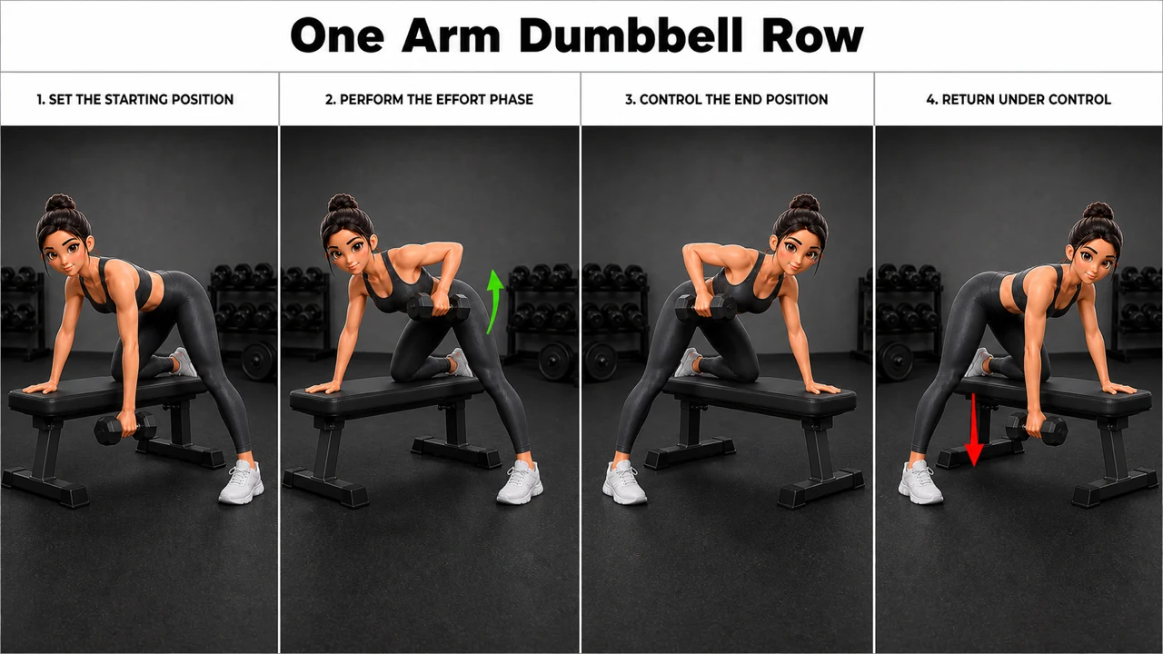 One Arm Dumbbell Row exercise guide showing 6 movement steps using flat bench and single dumbbell