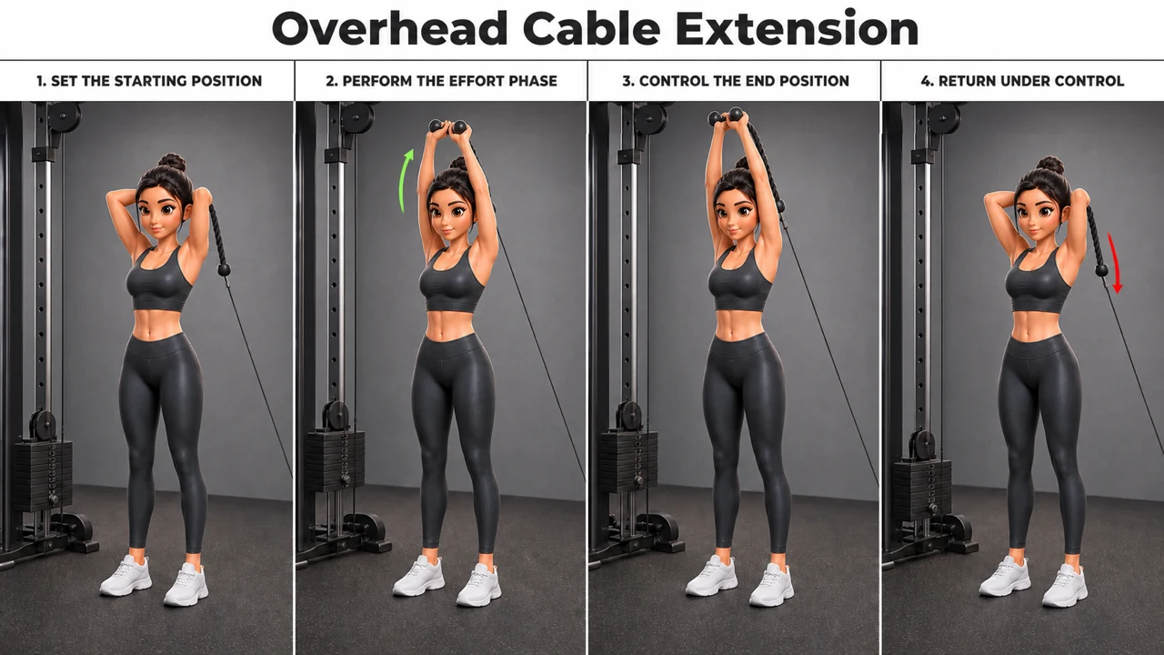 Overhead Cable Extension exercise guide showing 4 movement steps using cable station