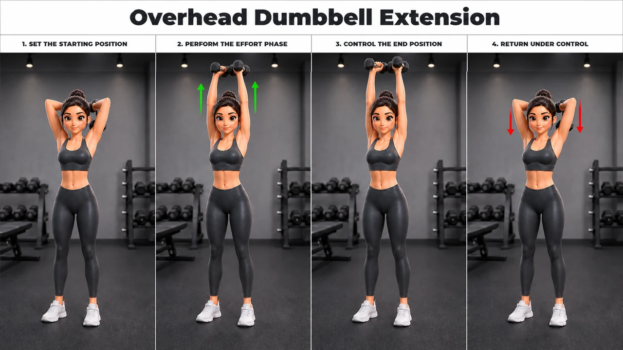 Overhead Dumbbell Extension exercise guide showing 4 movement steps using dumbbell pair