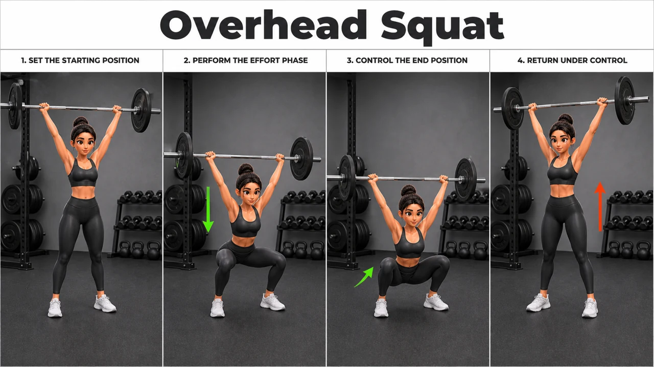Overhead Squat exercise image showing key movement positions with barbell