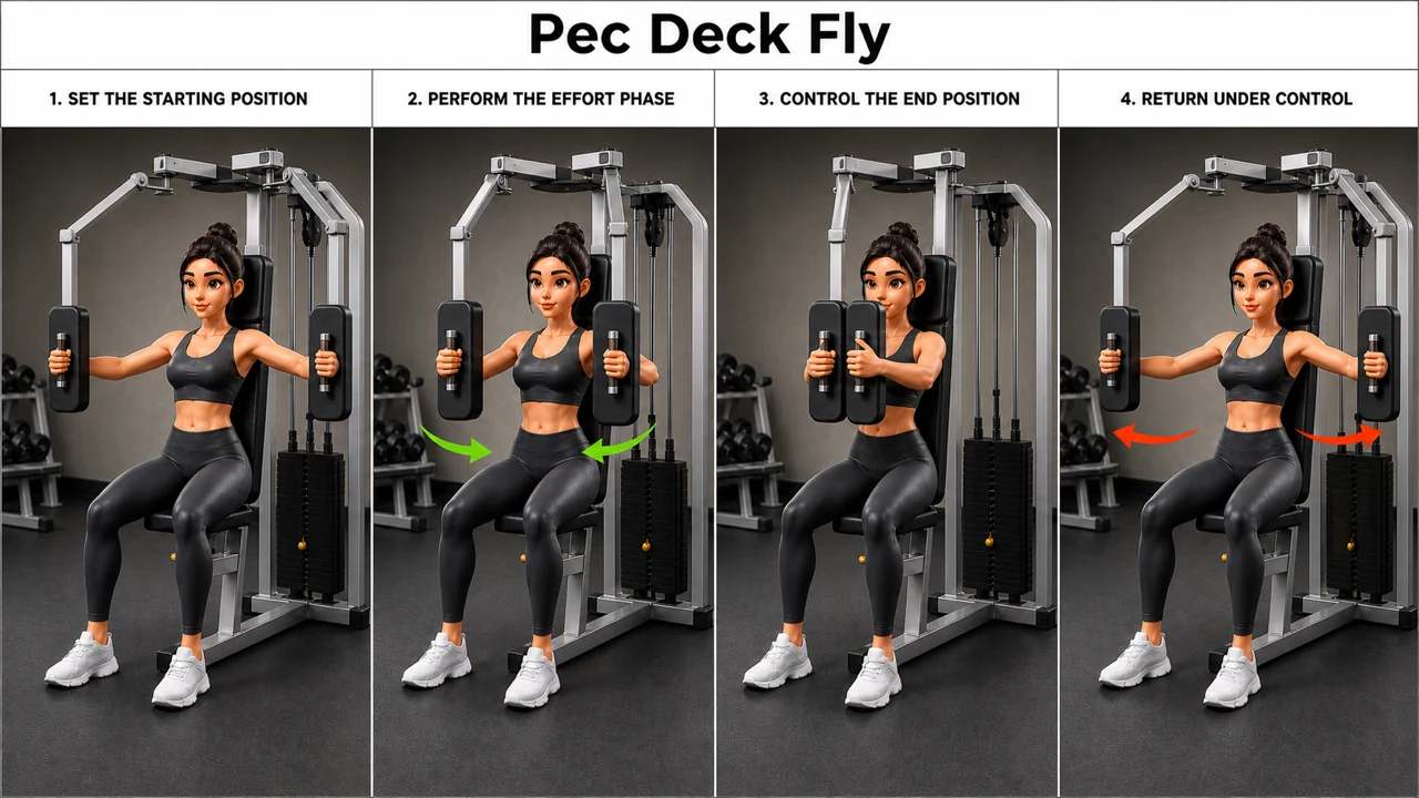 Pec Deck Fly exercise guide showing 3 movement steps using pec deck machine