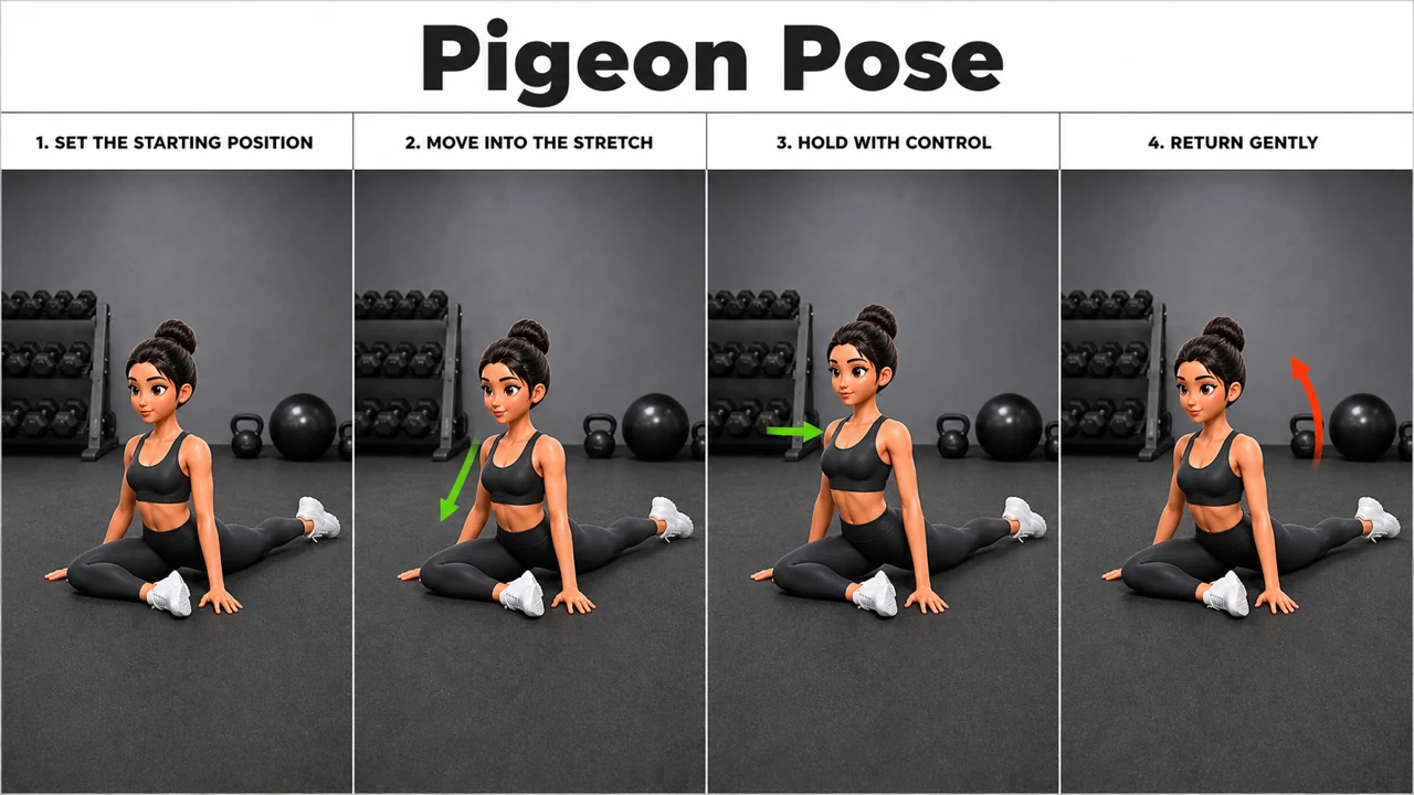 Pigeon Pose exercise image showing key movement positions