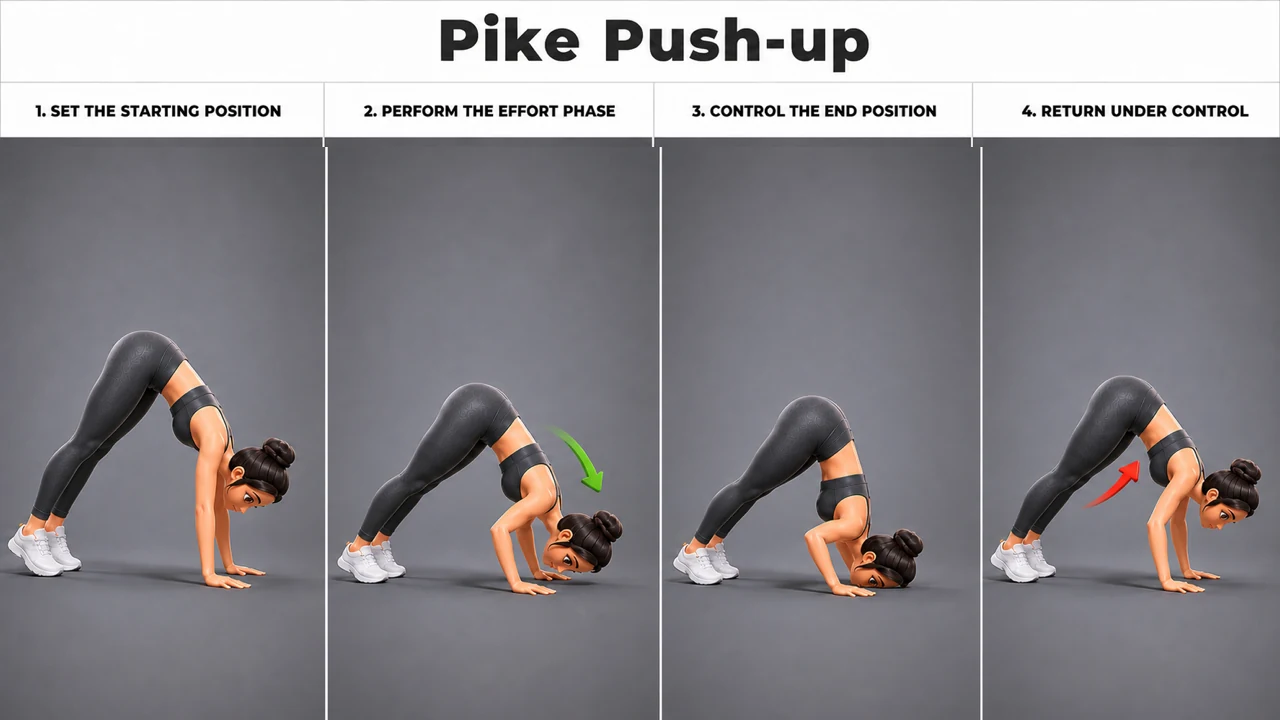 Pike Push-up exercise guide showing 4 movement steps