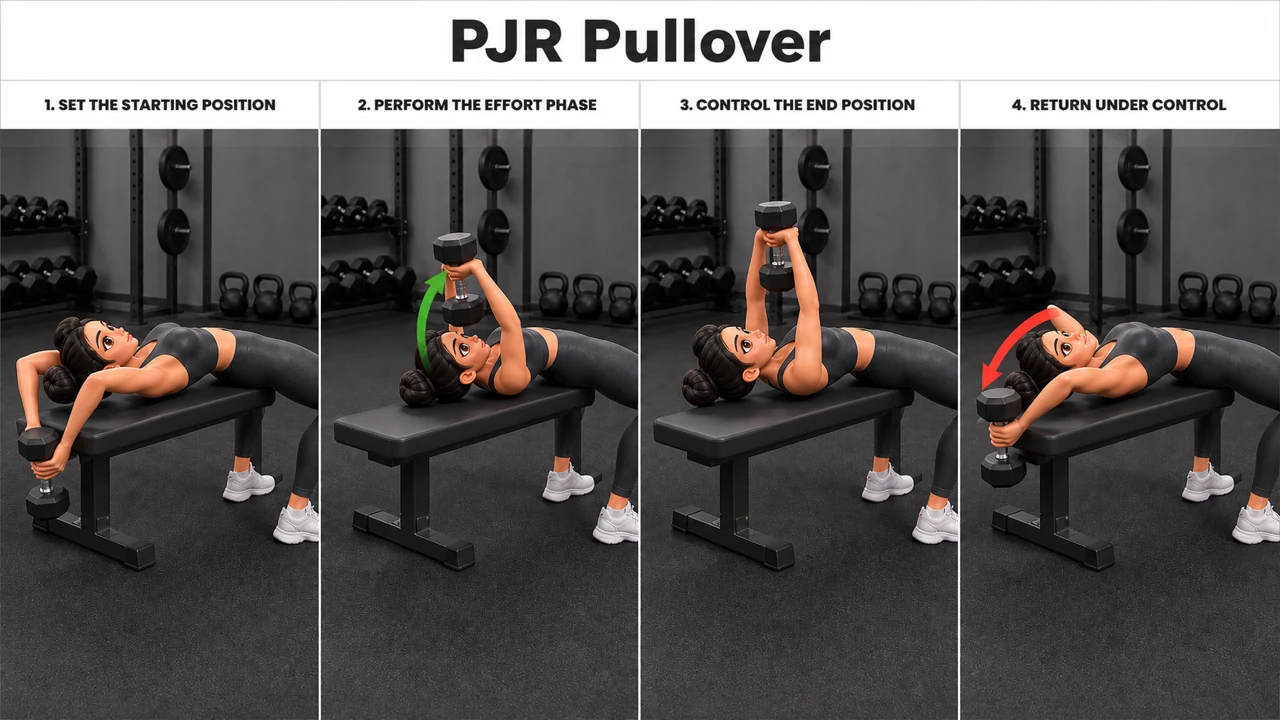 PJR Pullover exercise guide showing 4 movement steps using flat bench and dumbbell
