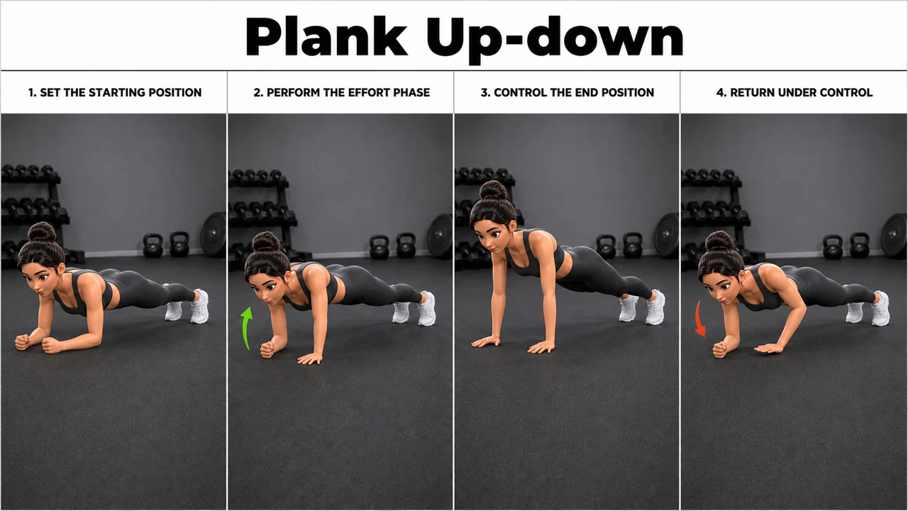 Plank Up-down exercise image showing key movement positions
