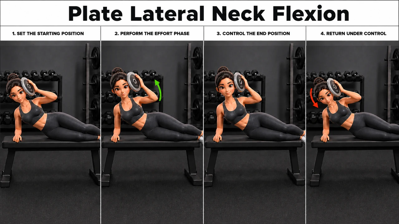 Plate Lateral Neck Flexion exercise guide showing 4 movement steps using neck harness or bench