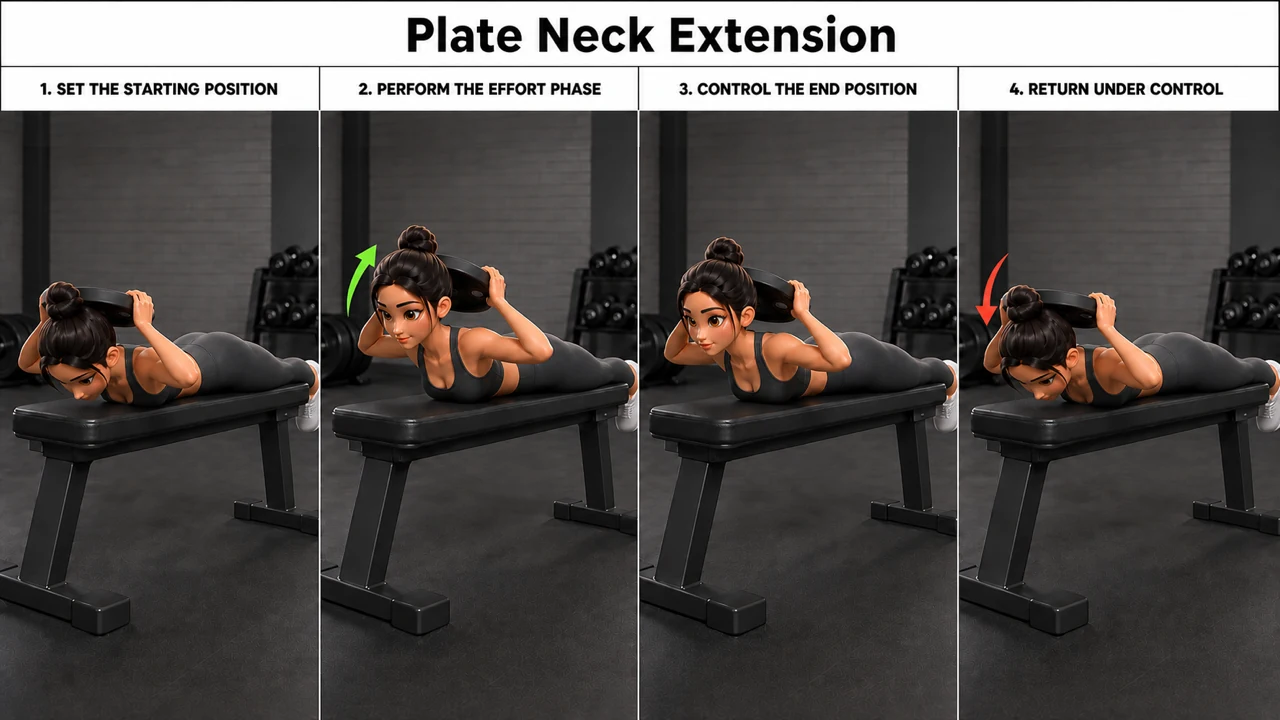 Plate Neck Extension exercise guide showing 4 movement steps using weight plate