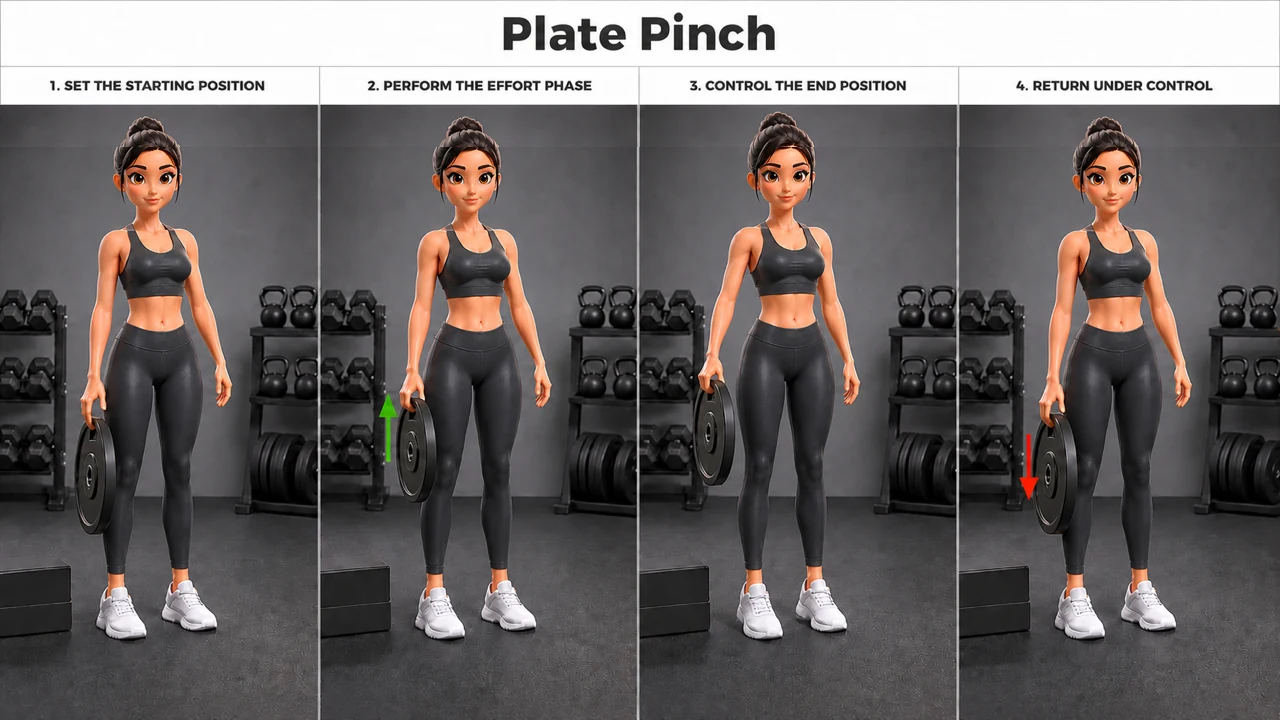 Plate Pinch exercise guide showing 4 movement steps using weight plate