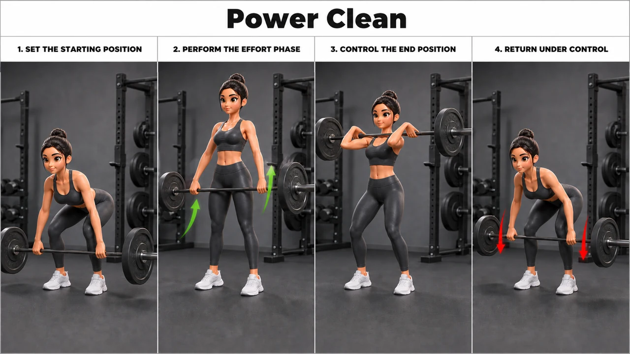 Power Clean exercise guide showing 4 movement steps using barbell