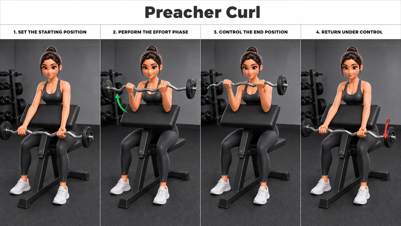 Preacher Curl exercise guide showing 4 movement steps using preacher bench and EZ curl bar