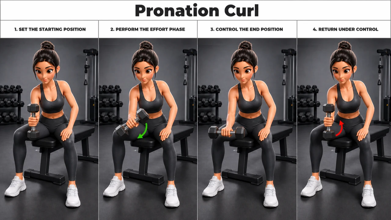 Pronation Curl exercise guide showing 4 movement steps using dumbbell