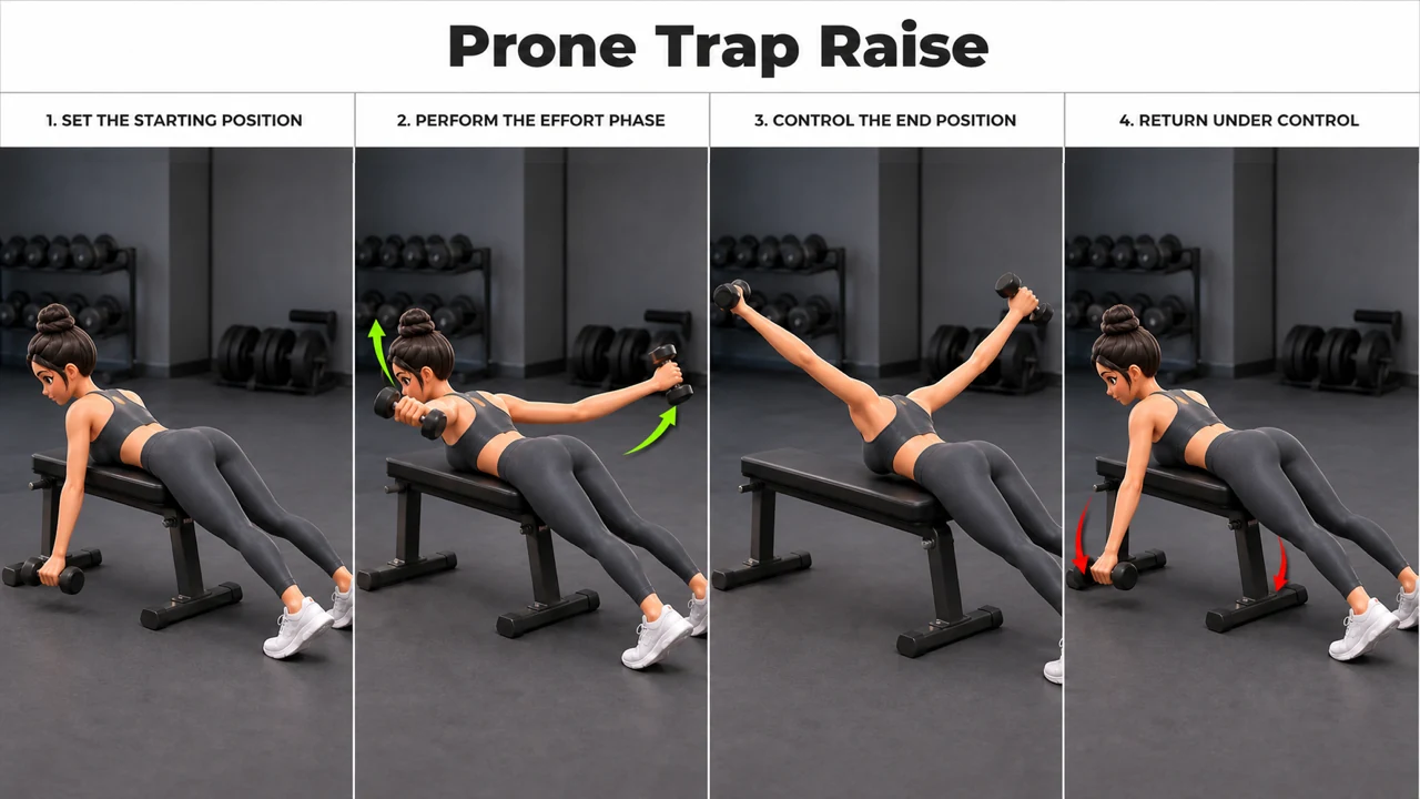 Prone Trap Raise exercise guide showing 4 movement steps using flat bench and dumbbell pair