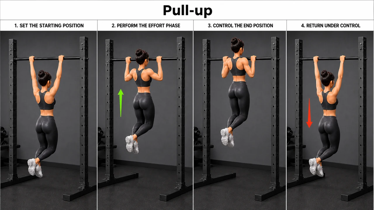 Pull-up exercise guide showing 3 movement steps using pull-up station