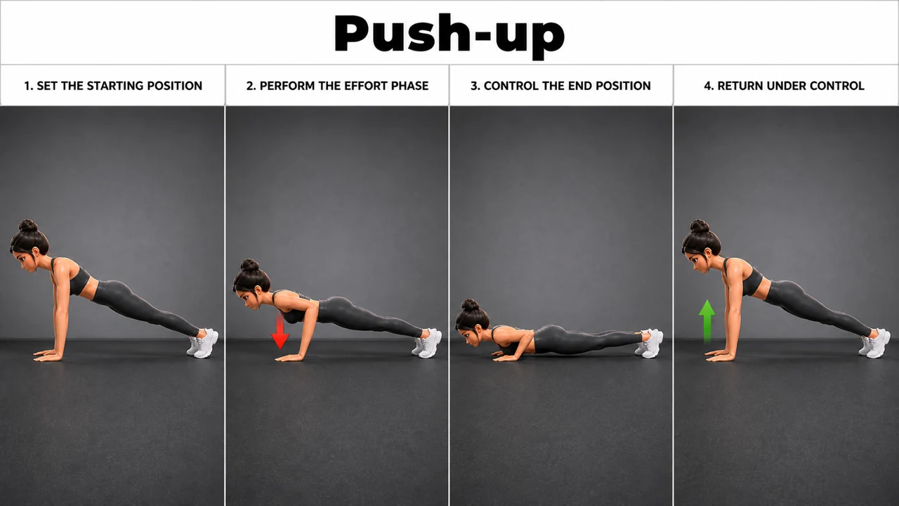 Push-up exercise guide showing 3 movement steps