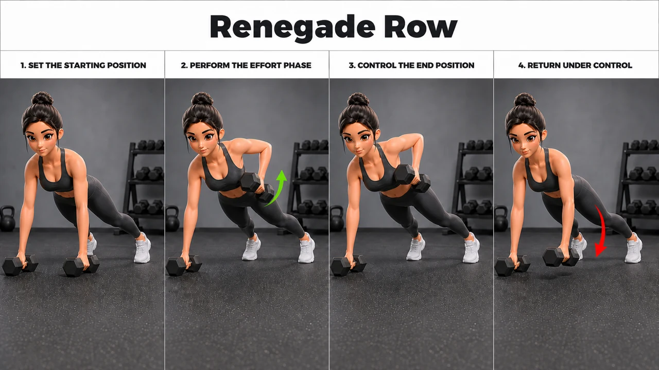 Renegade Row exercise guide showing 4 movement steps using dumbbell pair