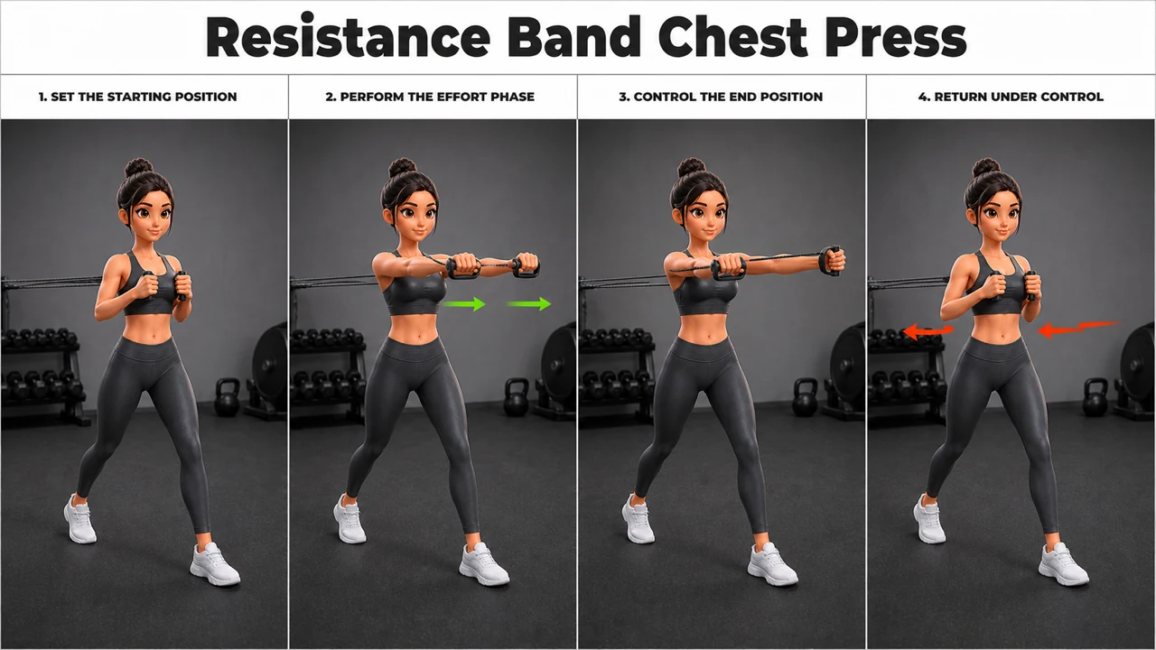 Resistance Band Chest Press exercise image showing key movement positions with resistance band
