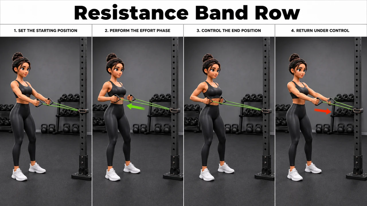 Resistance Band Row exercise image showing key movement positions with resistance band