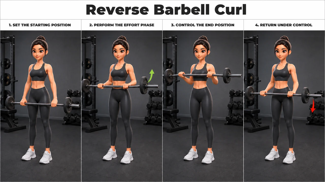 Reverse Barbell Curl exercise guide showing 4 movement steps using barbell