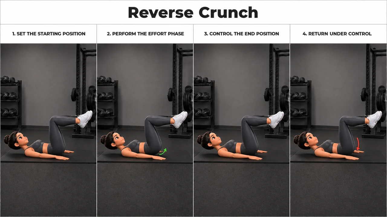 Reverse Crunch exercise guide showing 4 movement steps
