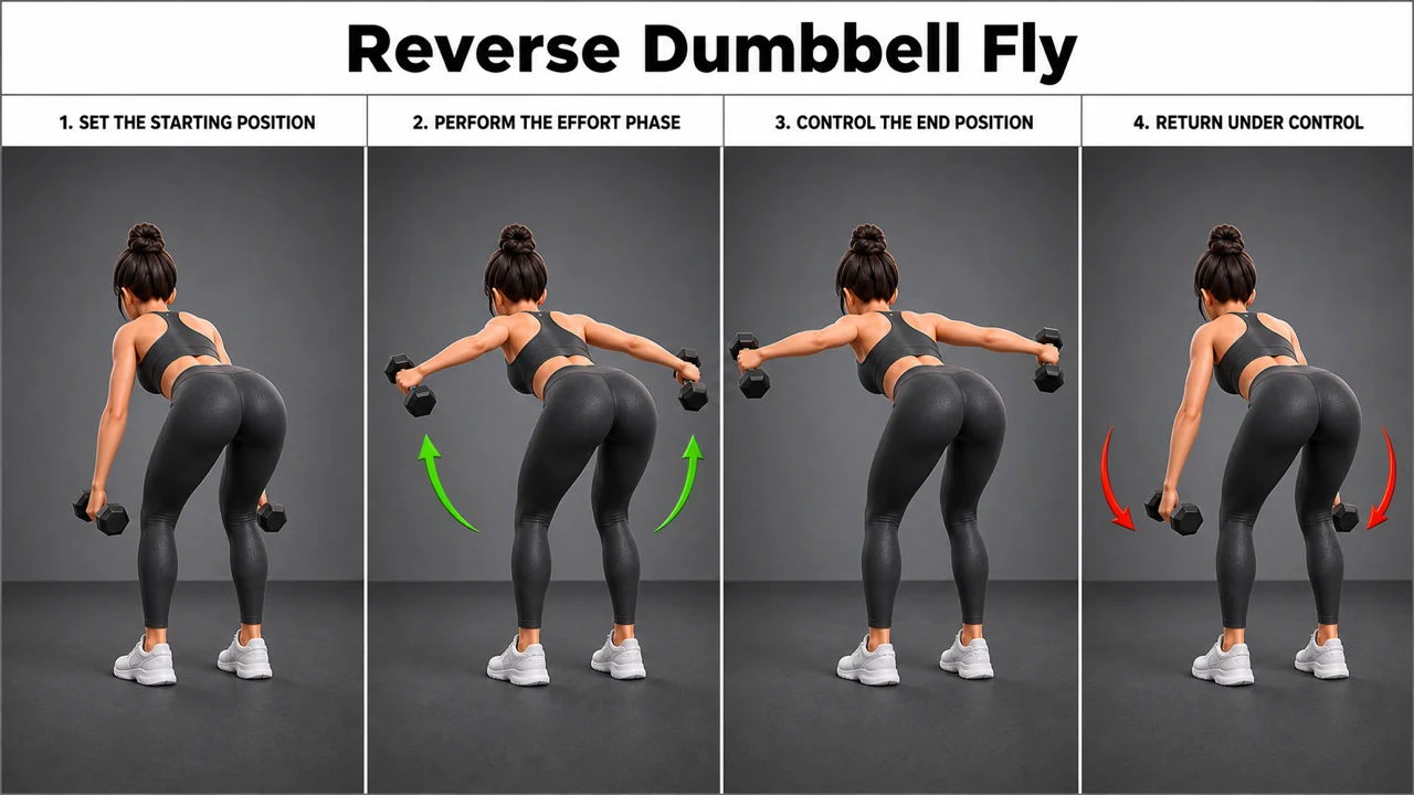 Reverse Dumbbell Fly exercise guide showing 3 movement steps using dumbbell pair