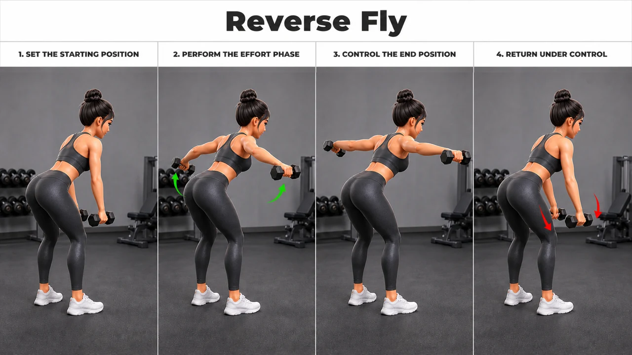 Reverse Fly exercise guide showing 4 movement steps using dumbbell pair