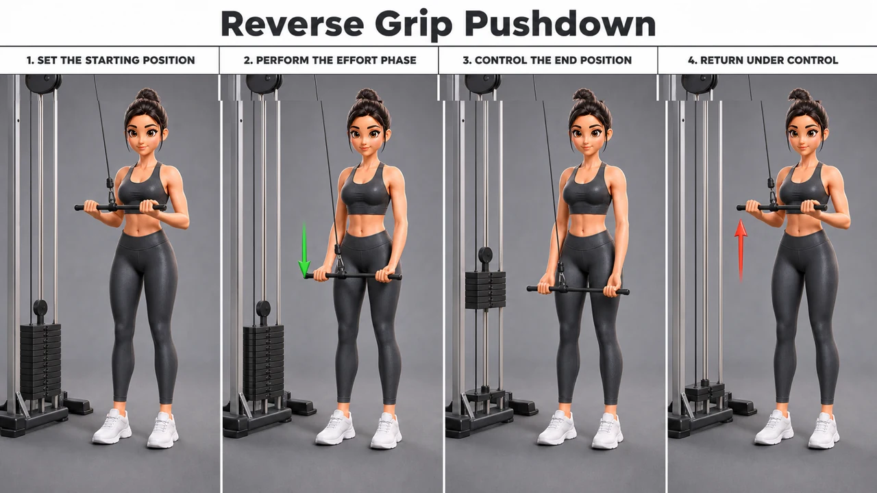 Reverse Grip Pushdown exercise guide showing 4 movement steps using cable station