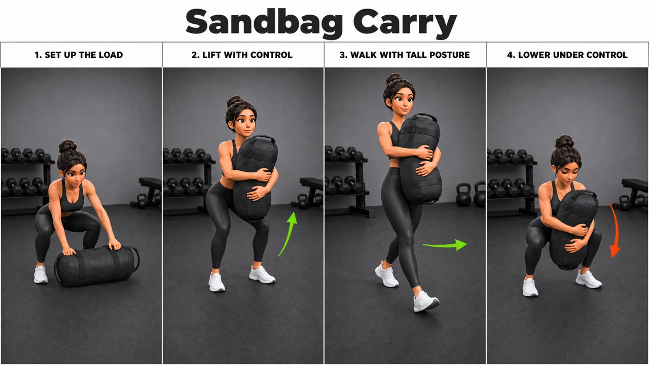 Sandbag Carry exercise image showing key movement positions with sandbag