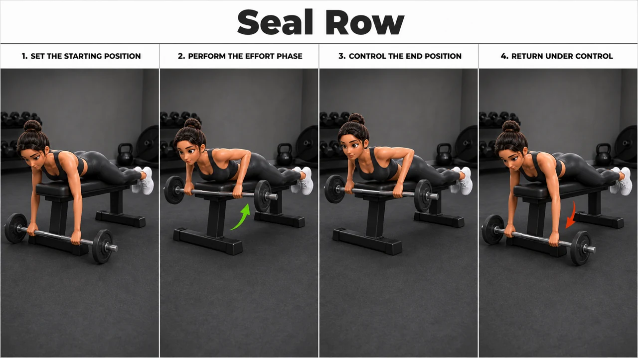 Seal Row exercise image showing key movement positions with elevated flat bench and barbell