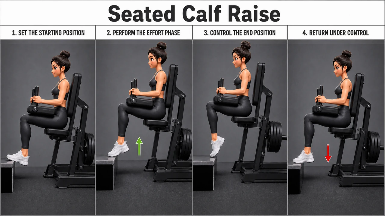 Seated Calf Raise exercise guide showing 4 movement steps using seated calf machine