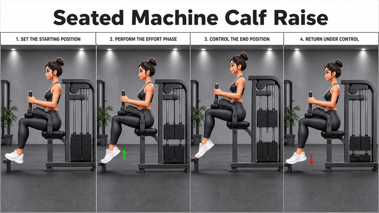 Seated Machine Calf Raise exercise guide showing 4 movement steps using seated calf machine