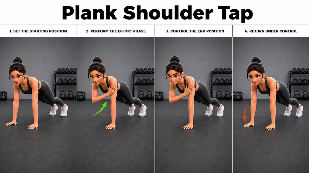Plank Shoulder Tap exercise image showing key movement positions