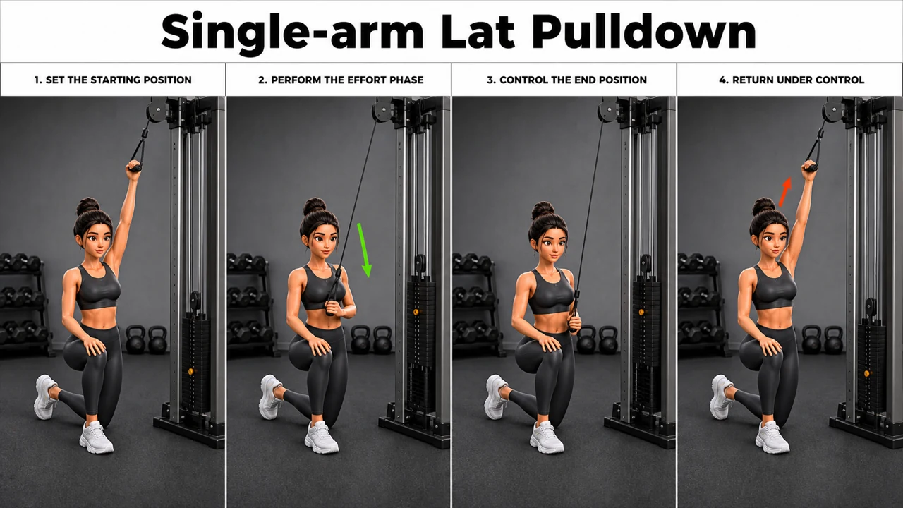 Single-arm Lat Pulldown exercise image showing key movement positions