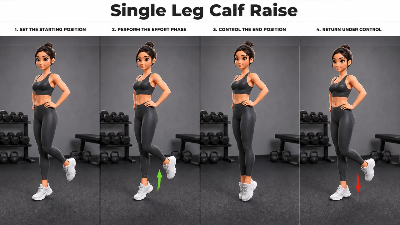 Single Leg Calf Raise exercise guide showing 4 movement steps