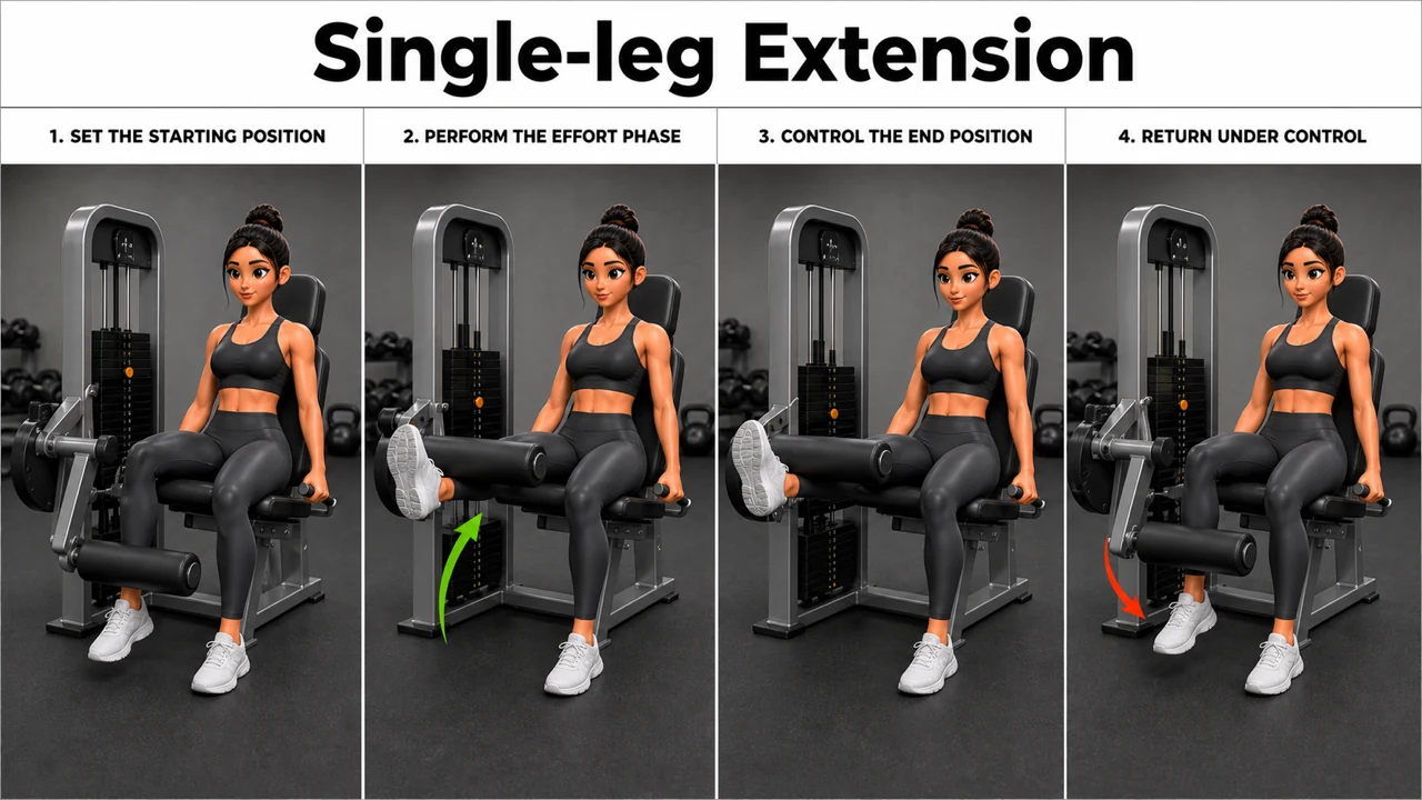 Single-leg Extension exercise image showing key movement positions with leg extension machine