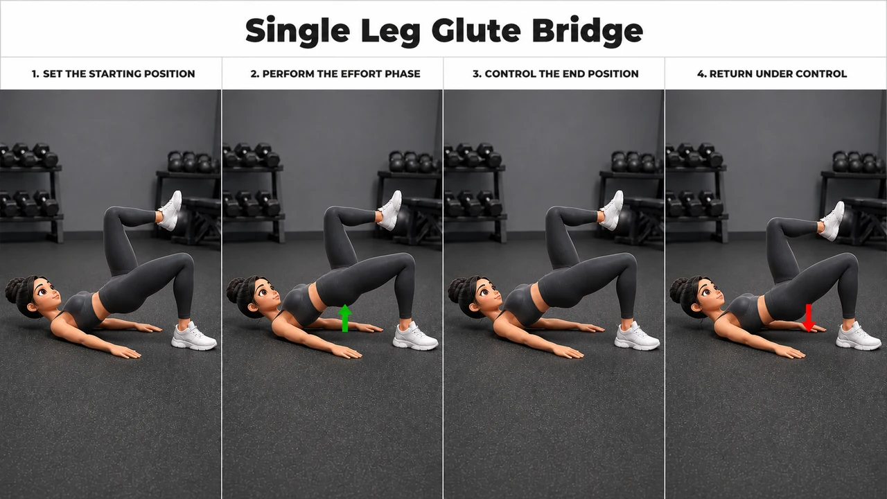 Single Leg Glute Bridge exercise guide showing 4 movement steps