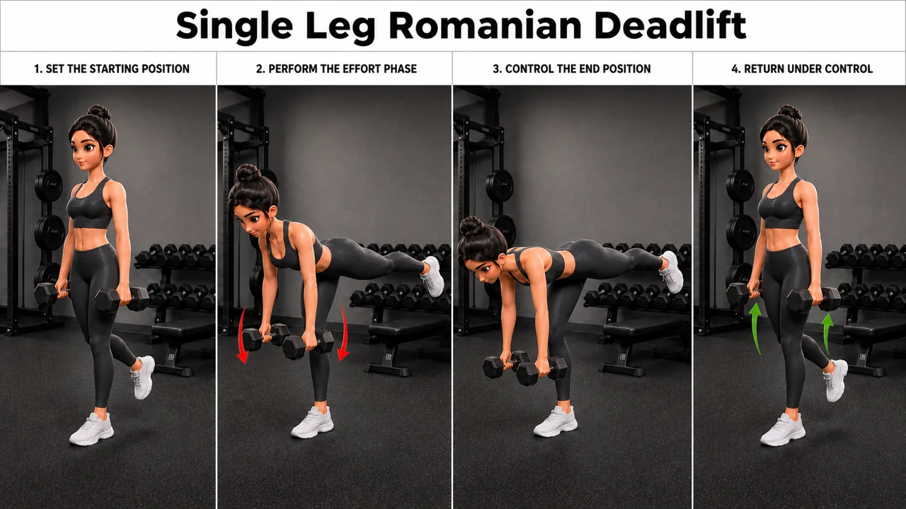 Single Leg Romanian Deadlift exercise guide showing 4 movement steps using dumbbell pair