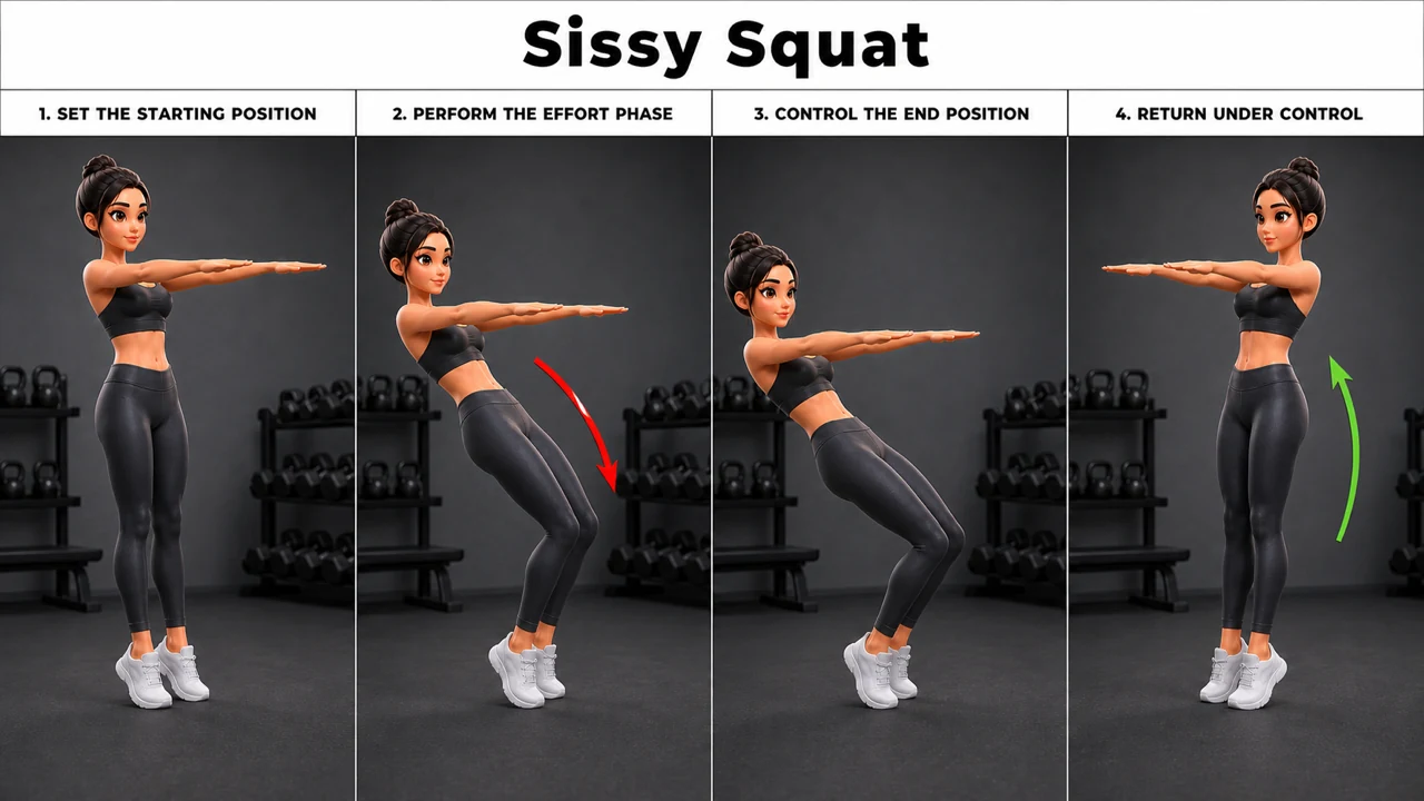 Sissy Squat exercise guide showing 4 movement steps