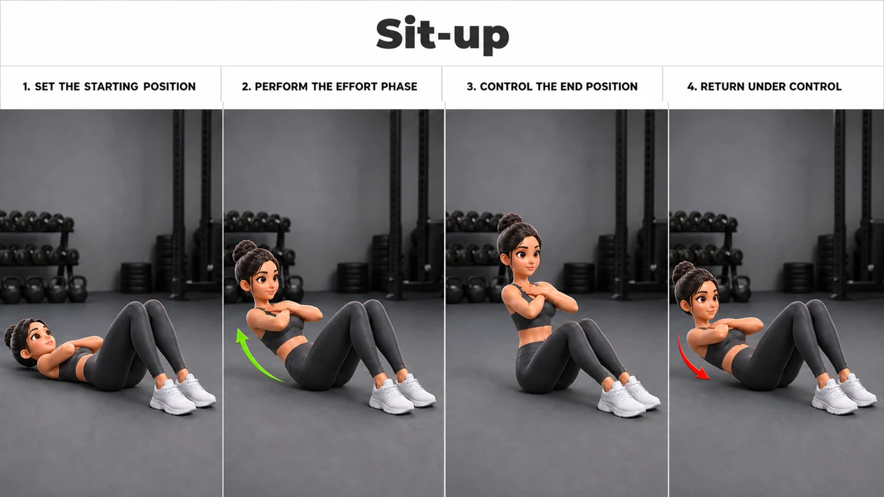 Sit-up exercise guide showing 4 movement steps