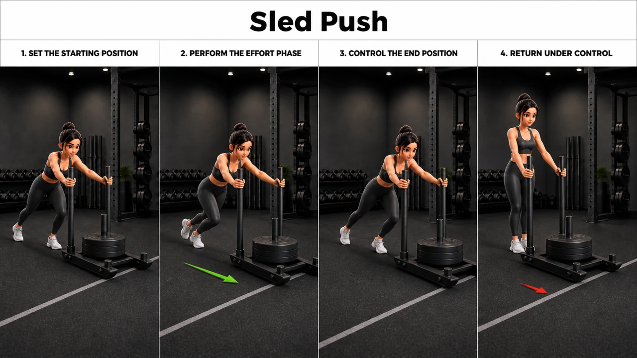 Sled Push exercise guide showing 4 movement steps using weighted sled