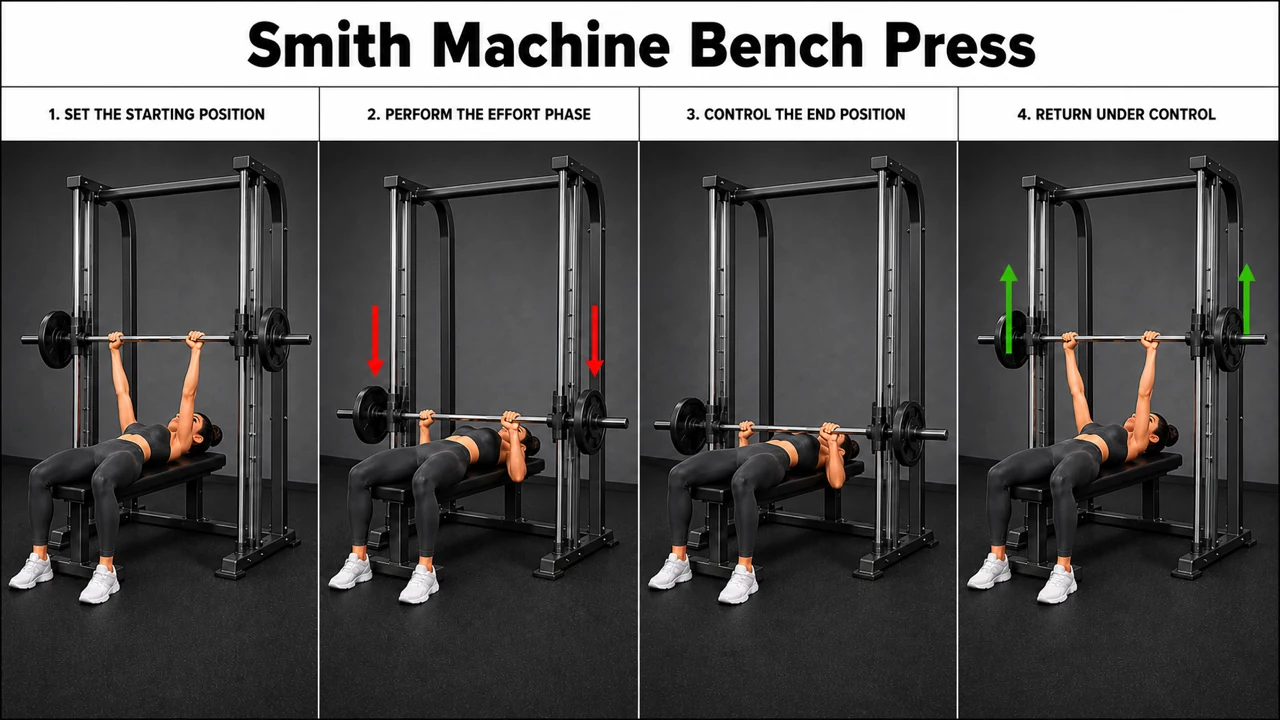 Smith Machine Bench Press exercise guide showing 3 movement steps using flat bench and Smith machine