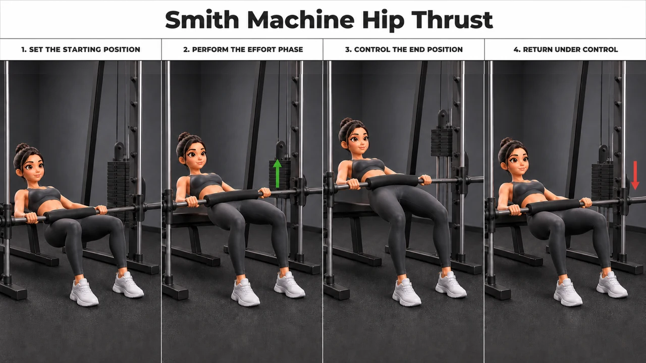 Smith Machine Hip Thrust exercise guide showing 4 movement steps using Smith machine and flat bench