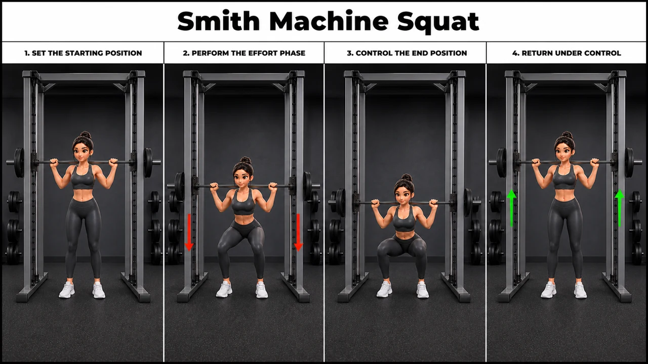 Smith Machine Squat exercise guide showing 4 movement steps using Smith machine