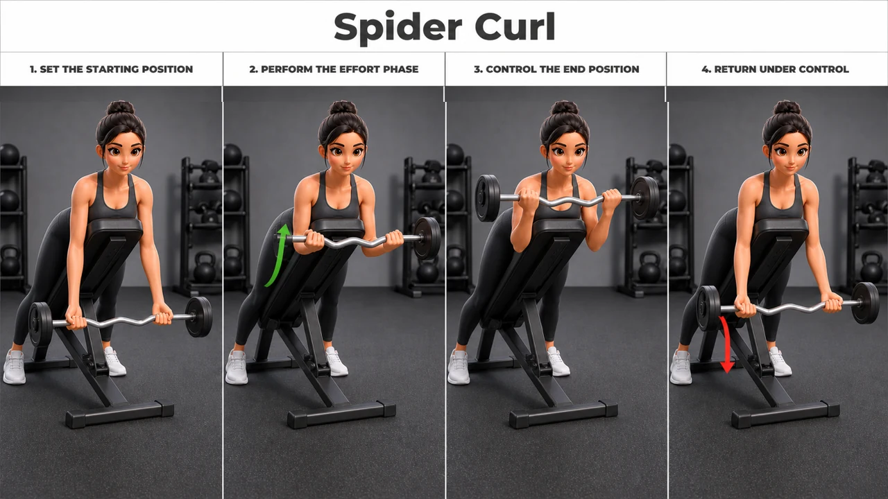 Spider Curl exercise guide showing 4 movement steps using EZ curl bar and incline bench