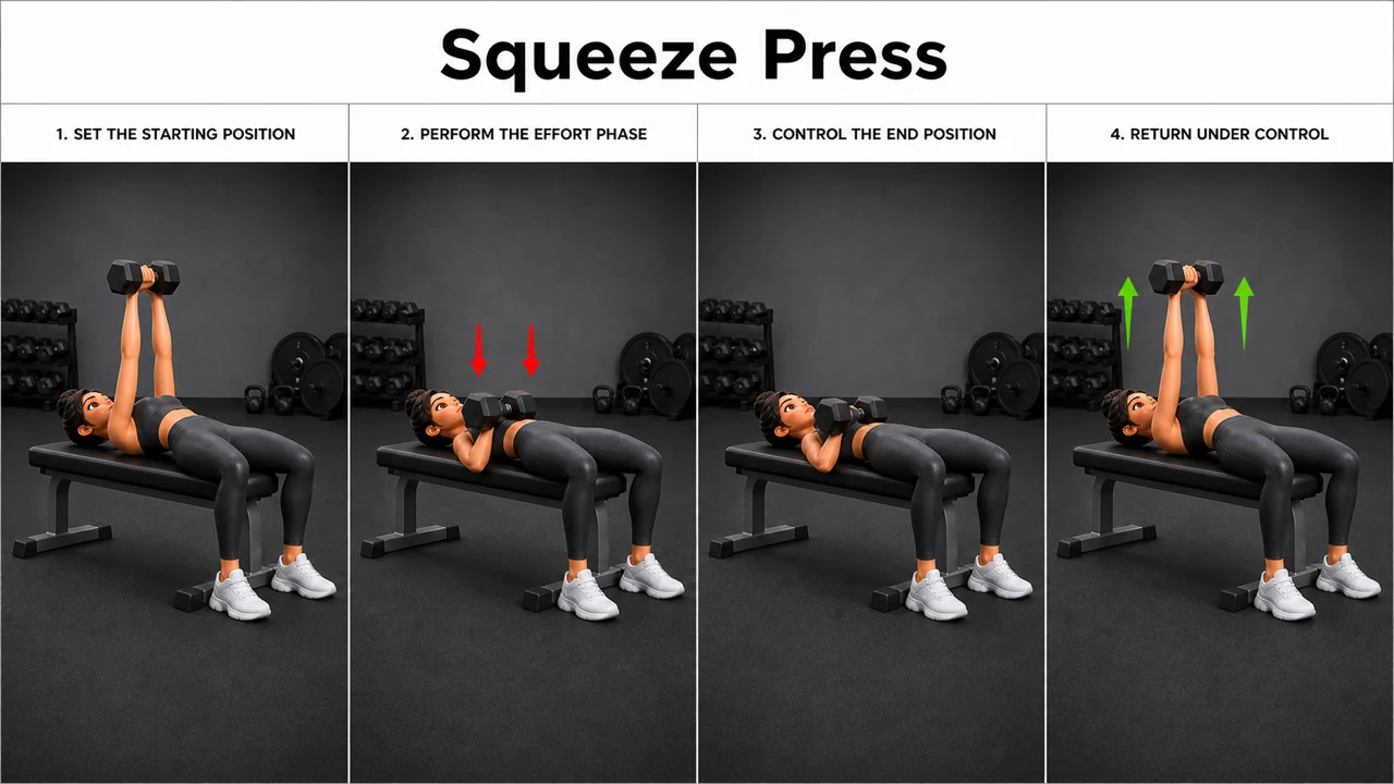 Squeeze Press exercise guide showing 3 movement steps using flat bench and dumbbell pair