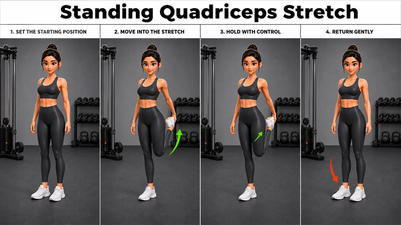 Standing Quadriceps Stretch exercise image showing key movement positions