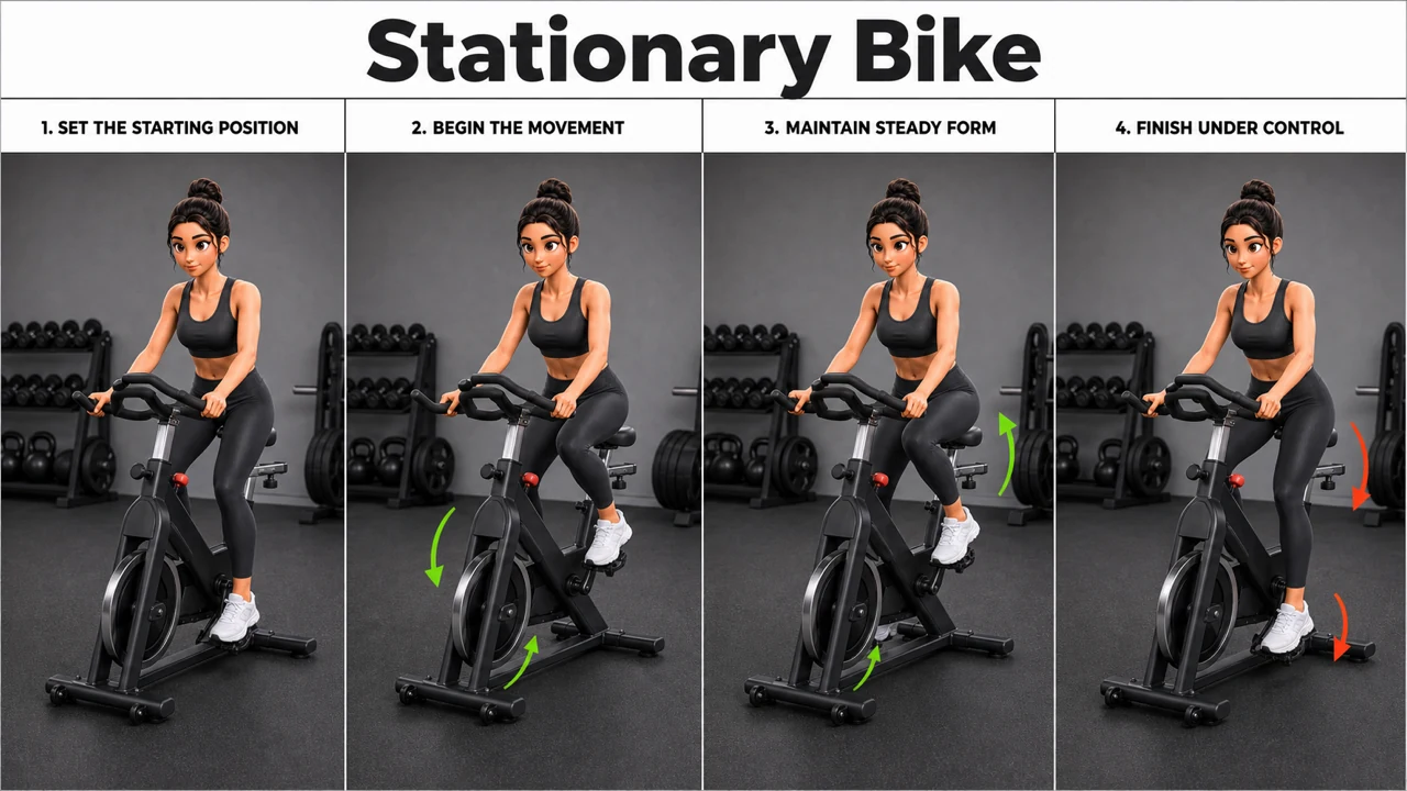 Stationary Bike exercise image showing key movement positions with stationary bike