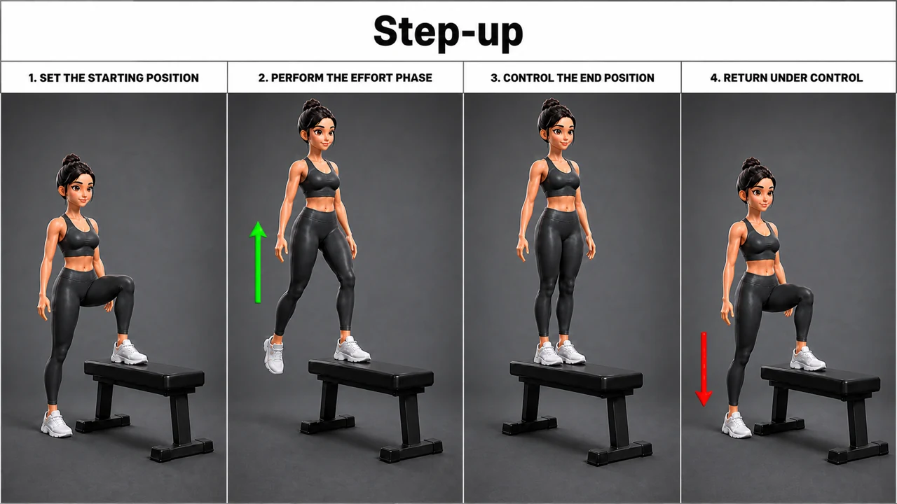 Step-up exercise guide showing 4 movement steps using flat bench