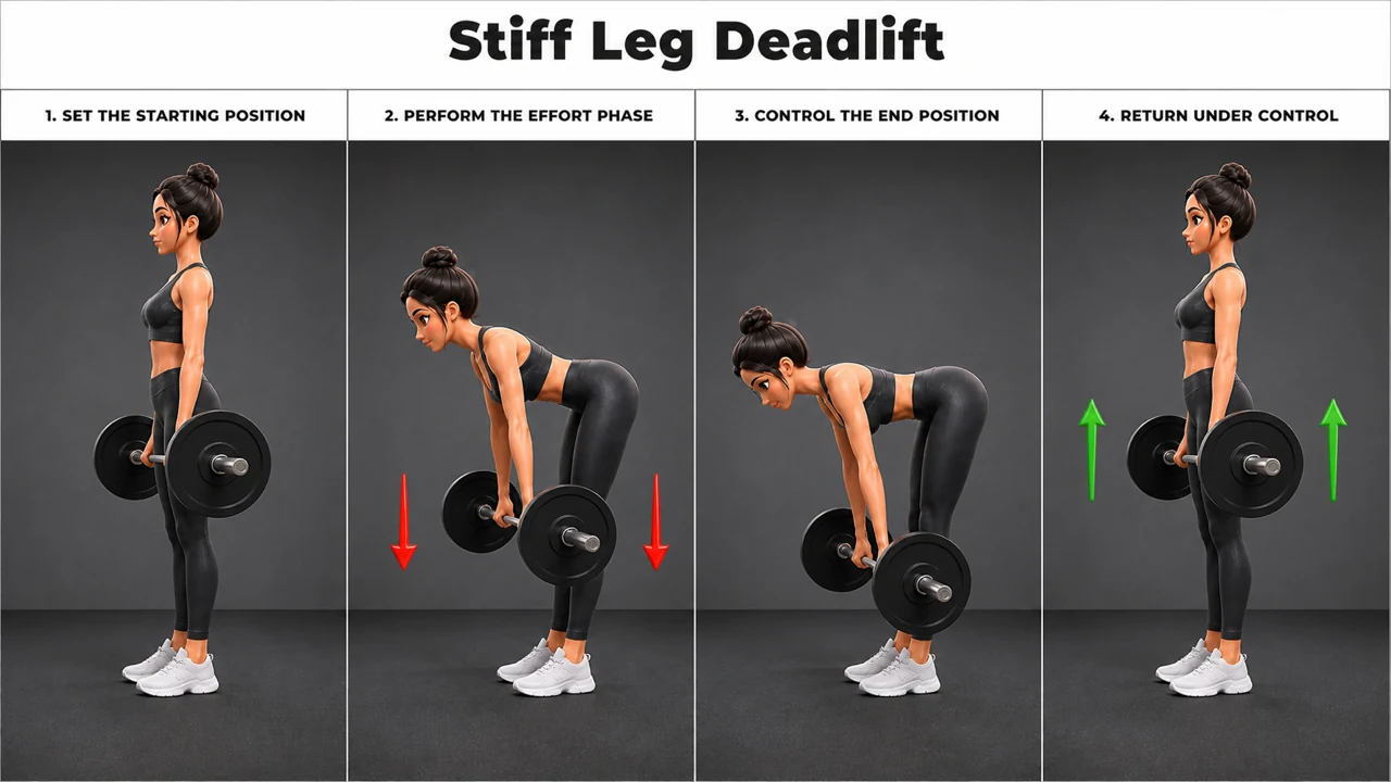 Stiff Leg Deadlift exercise guide showing 3 movement steps using barbell