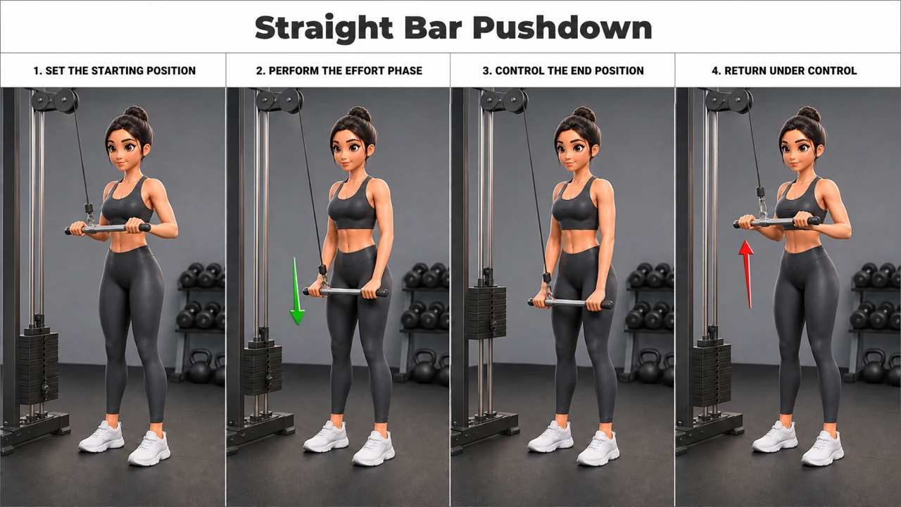 Straight Bar Pushdown exercise guide showing 4 movement steps using cable station