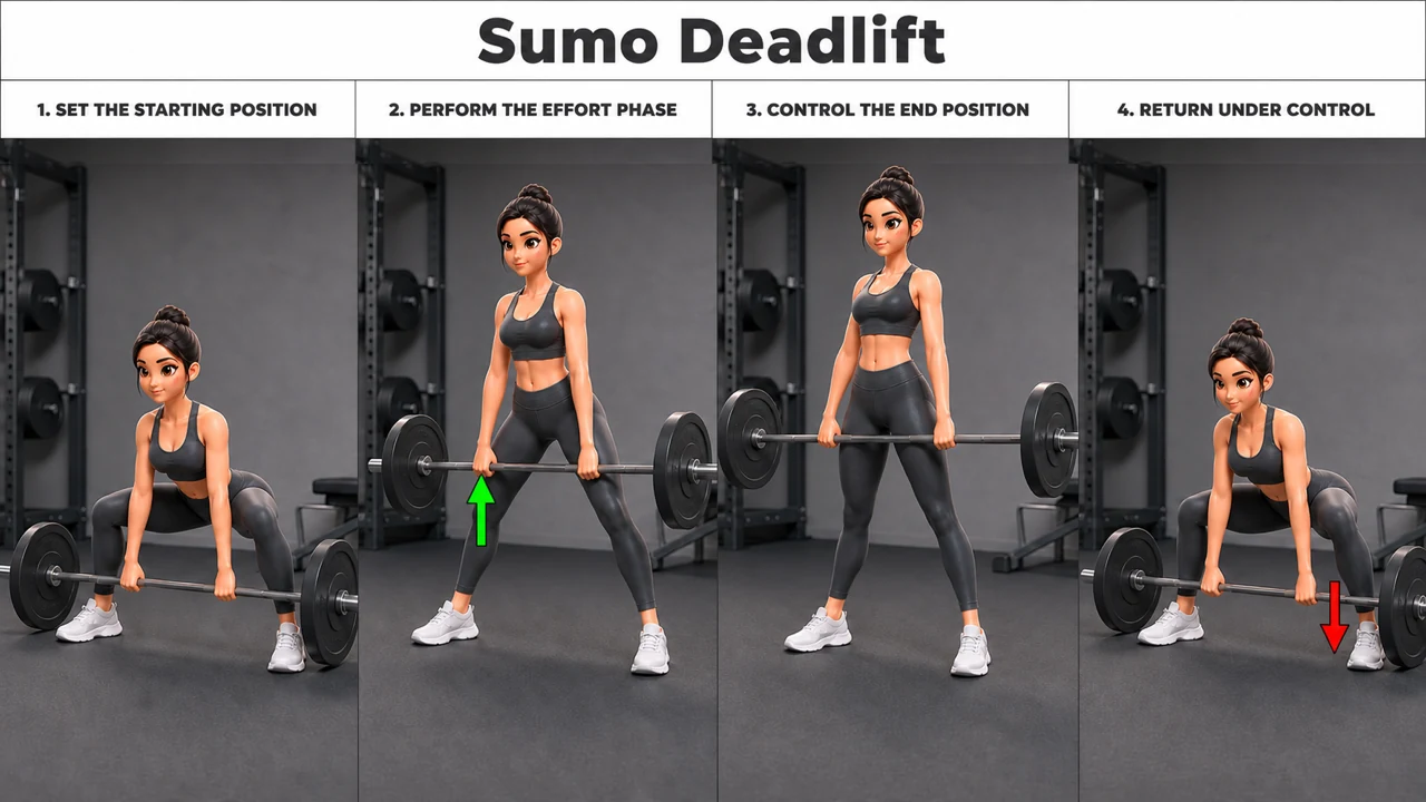 Sumo Deadlift exercise guide showing 4 movement steps using barbell